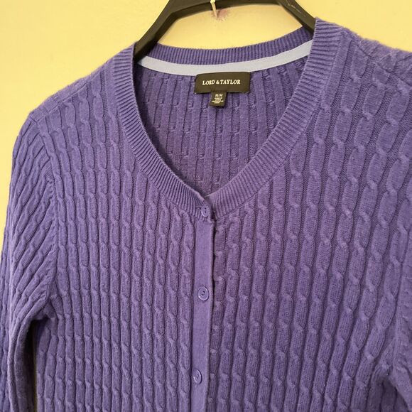 LORD AND TAYLOR Plaited Knit Cotton Long Sleeve Cardigan, Purple- Medium - Picture 4 of 8
